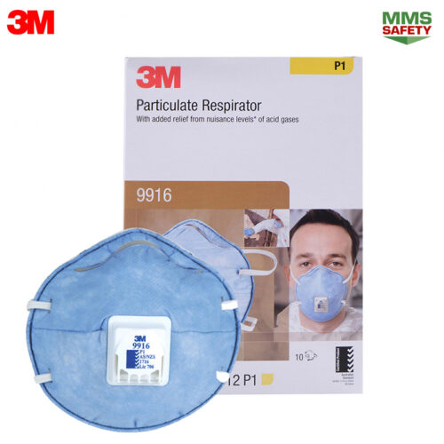 3M : 9916 หน้ากากป้องกันฝุ่น ละออง กลิ่นเจือจางของไอกรด พร้อมวาล์วระบายอากาศ, P1, 10 ชิ้น/กล่อง