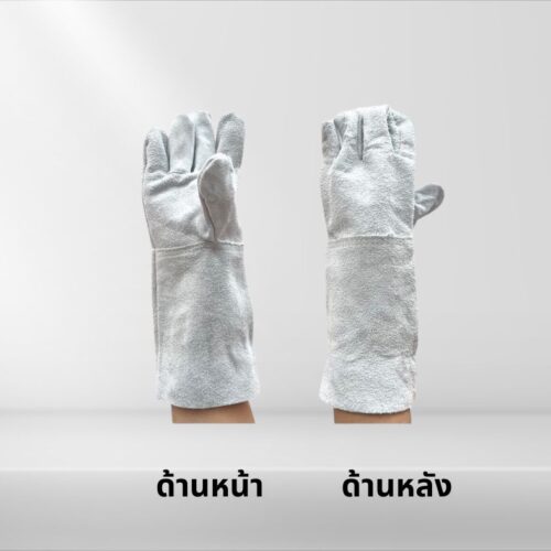 ถุงมือหนังท้องยาว 14 นิ้ว รุ่น C01401 (เเพ็ค 1 คู่) ผลิตจากหนังท้องเกรด A หนังกลับสีขาว-เทา ใช้งานทั่วไปงานช่างเชื่อม