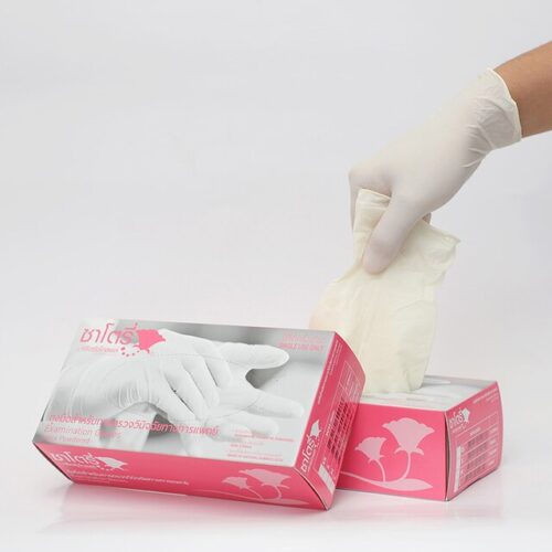 ถุงมือยางแบบมีแป้ง กล่องสีชมพู ศรีตรัง ไซส์ S/M/L